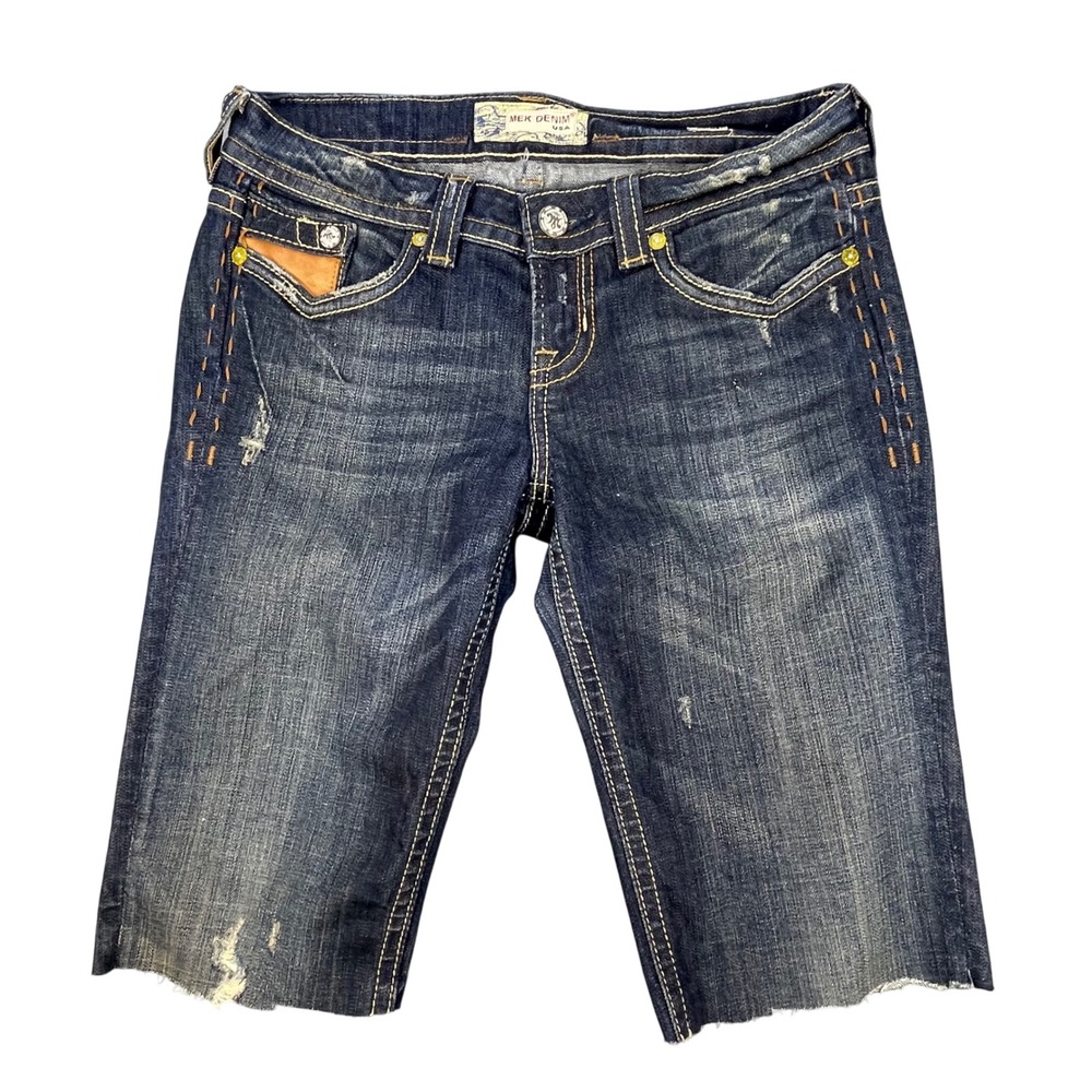 MEK Denim Dark Wash Boulder Distressed Cutt Off Jean Shorts Mens 29 Embroidered